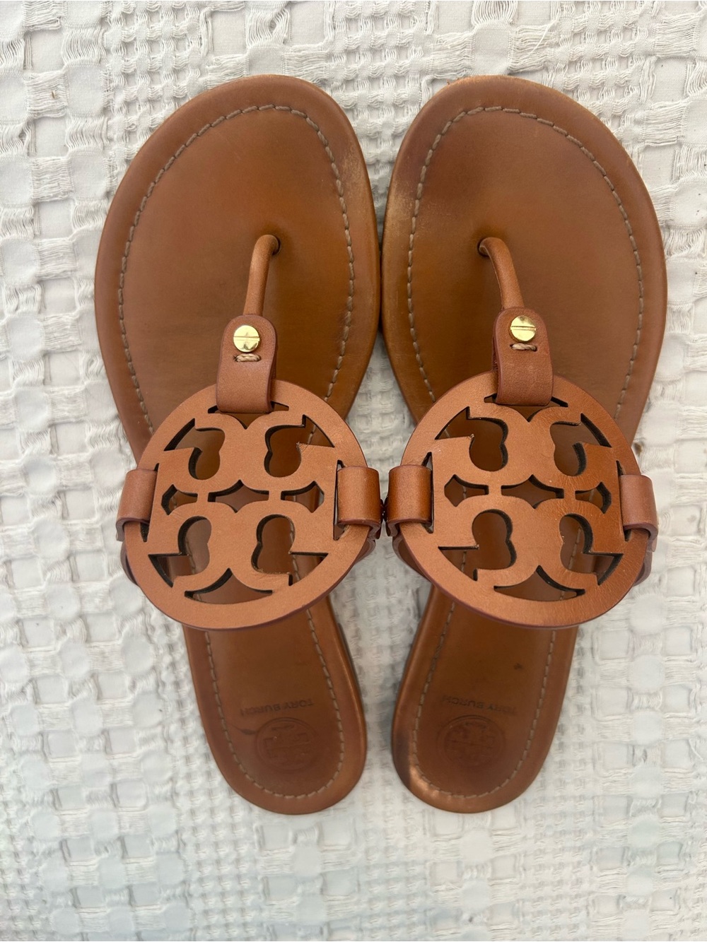 Tory Burch Brown Miller Logo Leather Thong Sandals